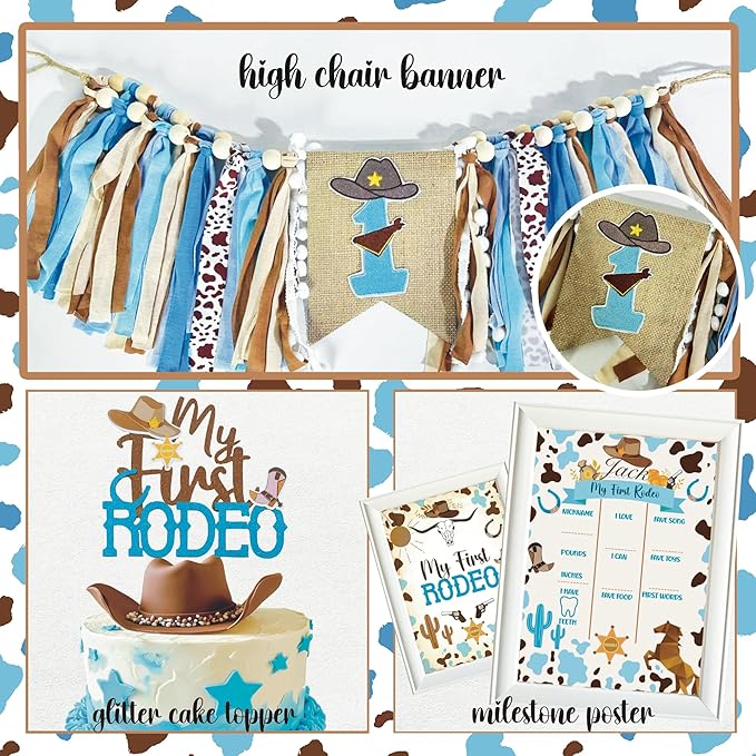 Cowboy 1st Birthday Decorations My First Rodeo Birthday Party Supplies Décor Western Cowboy First Backdrop Balloon Arch Boxes Number 1 High Chair Cowboy Banner for Cow First Rodeo Party Boy Decoration