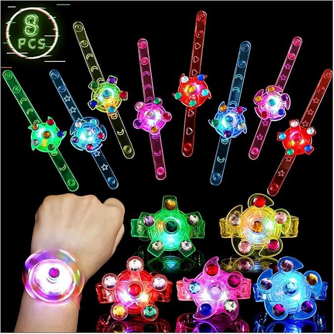 SCIONE 8 Pack LED Light Up Fidget Spinner Bracelets, Glow in The Dark Party Supplies Party Favors for Kids 4-8 8-12, Birthday Gifts, Treasure Box Toys for Classroom Goodie Bags Stuffers