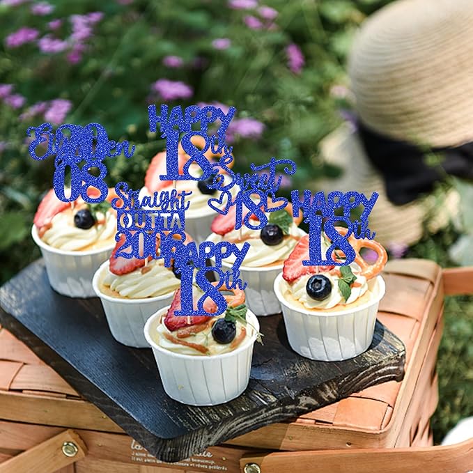 30 PCS 18th Birthday Cupcake Toppers Glitter Eighteen Happy 18 Straight Outta 2008 Cupcake Picks for Cheers to 18 Fabulous 18th Birthday Anniversary Party Cake Decorations Supplier Blue