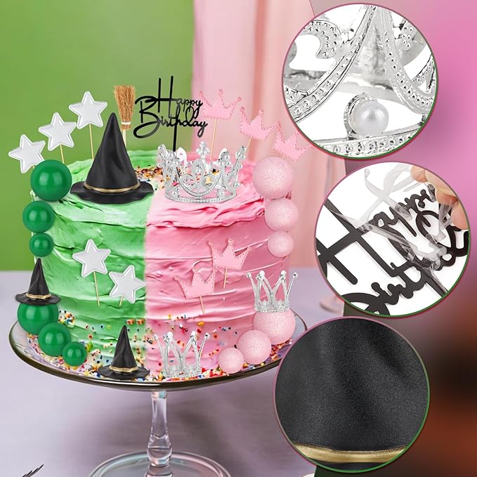 Hooqict 30 Pieces Pink and Green Cake Decorations with Mini Black Witch Hat, Silver Crown, Broom, Happy Birthday Cake Topper for Girls Women Princess Witch Birthday Party Decorations Supplies