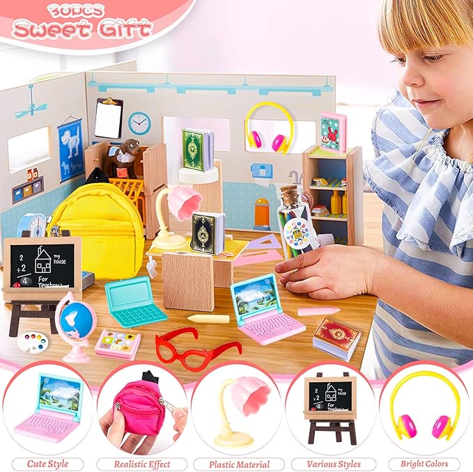 Mini School Supplies, 30Pcs Doll School Supplies Includes Mini Doll Backpack Laptops Glasses Blackboard Book Palette Paper Ruler Scissors Calculator for Dolls Accessories Set