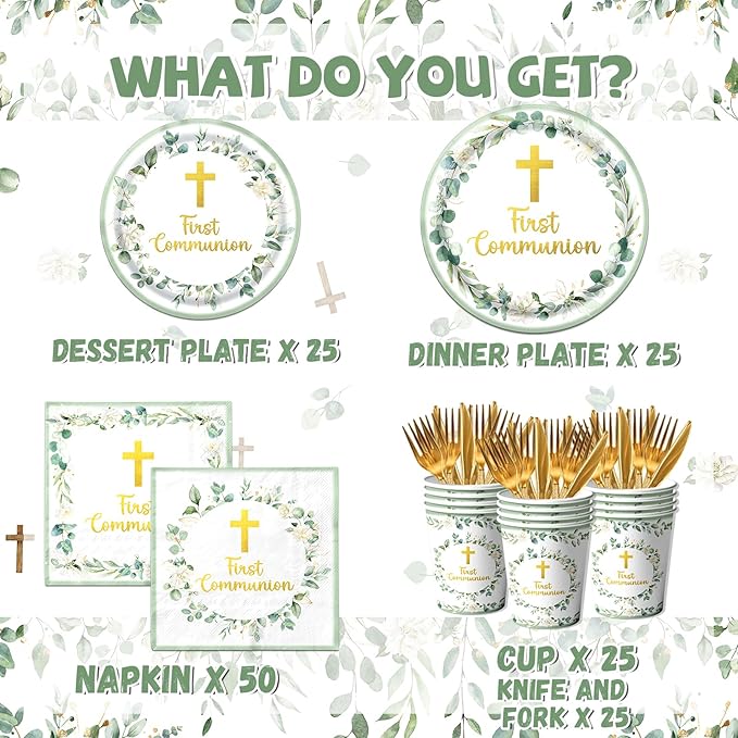 First Communion Decorations, First Communion Plates and Napkins Green Primera Comunion Decoracion First Communion Party Supplies for First Holy Communion Baptism Party Decorations Serves 25