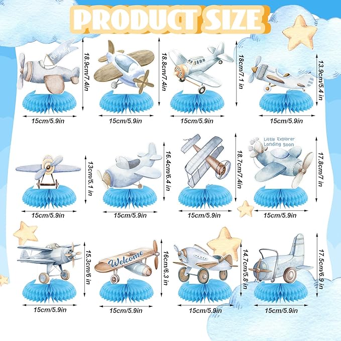 12 Pcs Airplane Party Decorations Blue Honeycomb Centerpieces Airplane Table Decoration Little Explorer Landing Soon Table Topper for Birthday Party Favors Supplies