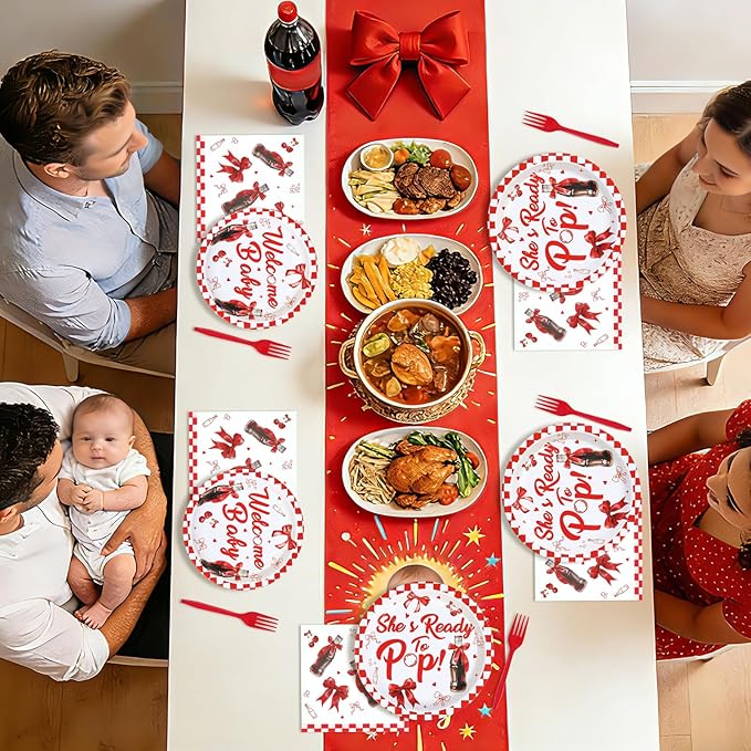 96Pcs She's Ready to Pop Baby Shower Decorations Soda Pop Drink Themed Plates and Napkins Red White Bow Gingham Disposable Paper Tableware Set for Girls Baby Shower Party Supplies Serves 24