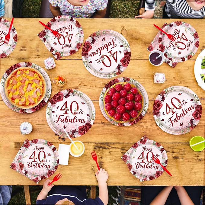 96Pcs Burgundy 40th Birthday Party Supplies Rose Gold Floral 40 and Fabulous Plates and Napkins Tableware Sets for Womens Burgundy Happy 40 Years Old Birthday Decorations Serves 24 ﻿