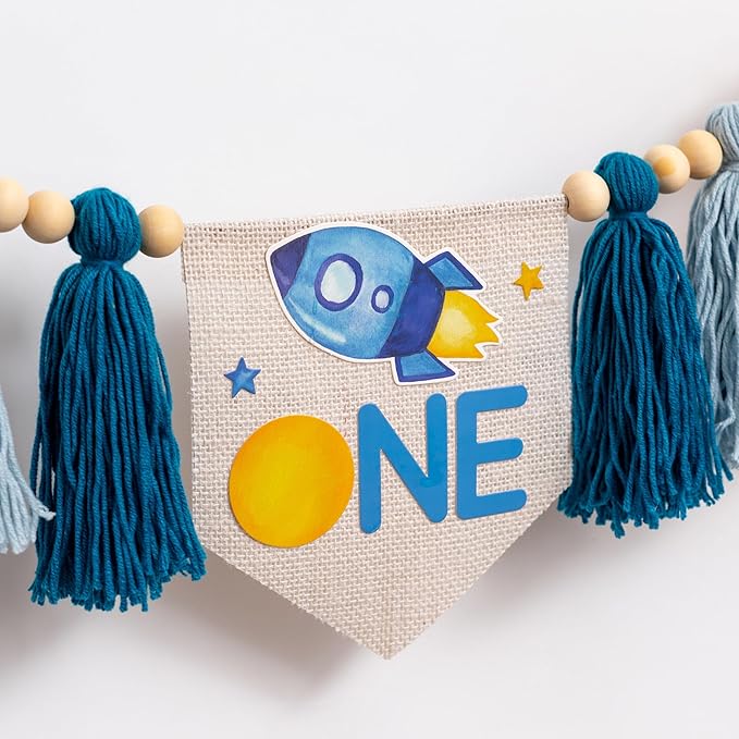 Gostman Outer Space ONE High Chair Banner - First Trip Around The Sun Birthday Party Decorations,Space Themed First Birthday Highchair Banner,Space Ship Sign Decor (outer space banner)