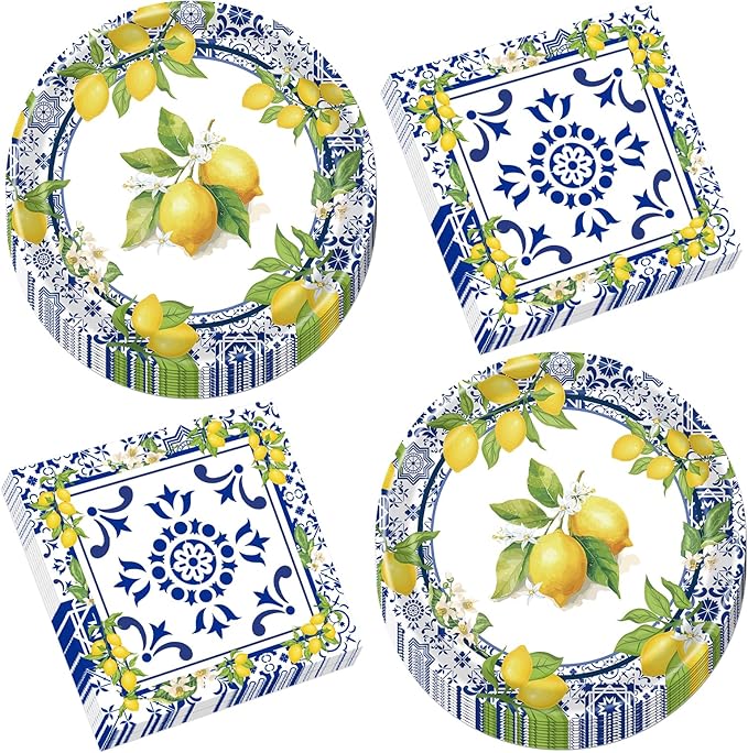 Rakuto Lemon Plates Napkins Decorations - 50 Pcs Blue Tiles Yellow Lemon Paper and Plates Party Decorations, Disposable Summer Fruit Set Supplies for Wedding Birthday Baby Shower Serves 25