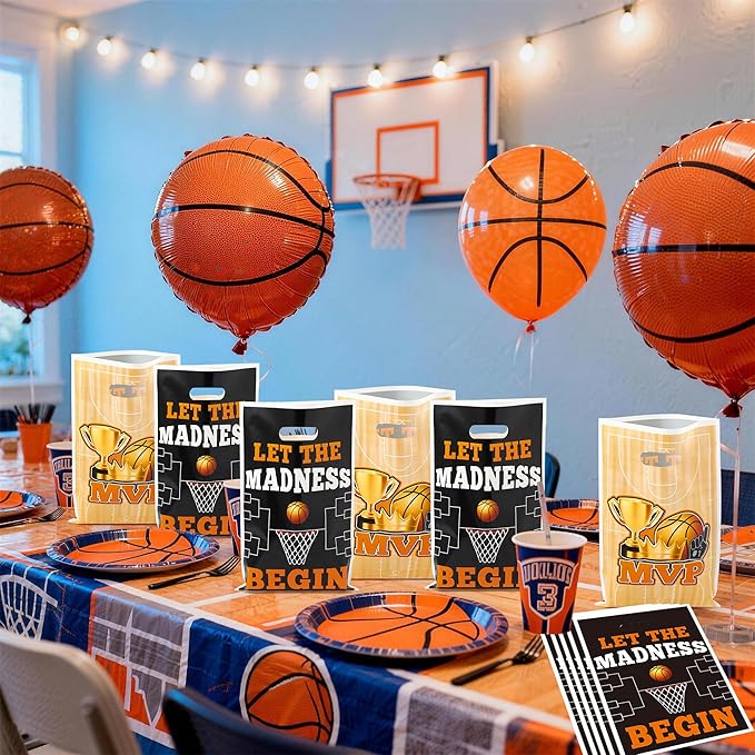 Basketball Party Favor Bags - 50Pcs Plastic March Madness Candy Treat Gift Bags with Handles Match Party Decoration Snack Goodie Bag Birthday Sport Theme Party Supplies for Basketball Lovers