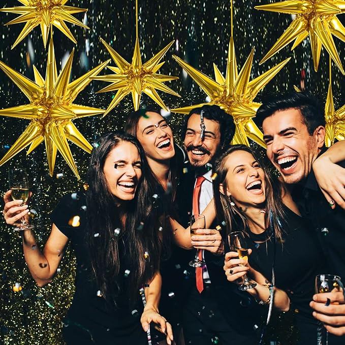 TONIFUL 4 Pcs 22inch 4D Huge Gold Star Balloons Explosion Star Mylar Foil Balloons for Party Supplies Backdrop Christmas,New Year,Birthday, Wedding,Photo Booth Ornament