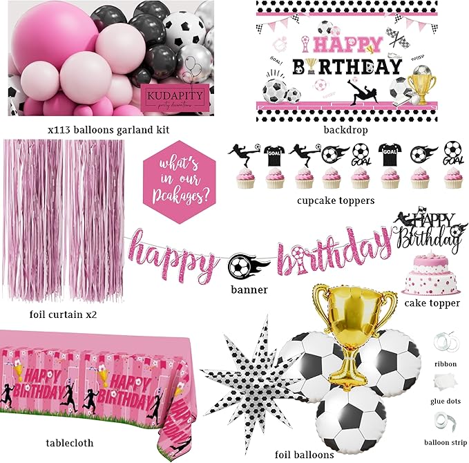 Pink Soccer Birthday Party Decorations Kit for Girls – Soccer-Themed Party Supplies with Backdrop Tablecloth Cake & Cupcake Toppers Soccer Party Decor for Soccer Fans Girls Women Birthday Decorations