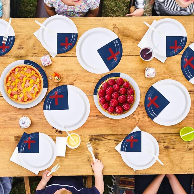96Pcs Easter Decorations Christian Jesus Flag Plates and Napkins Christian Cross Decoration Favors for Religious Christians Holy Week Christian Sunday School Baptism Easter Party Supplies Serves 24
