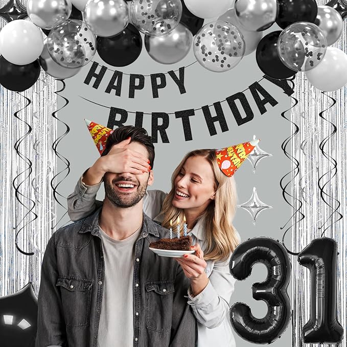 31th Birthday Decorations for Men Women- Black Silver Happy 31th Birthday Party Decor With Banner Backdrop,Number 31 Foil Balloon -Black White Balloons Garland Arch Kit for 31 Years Old