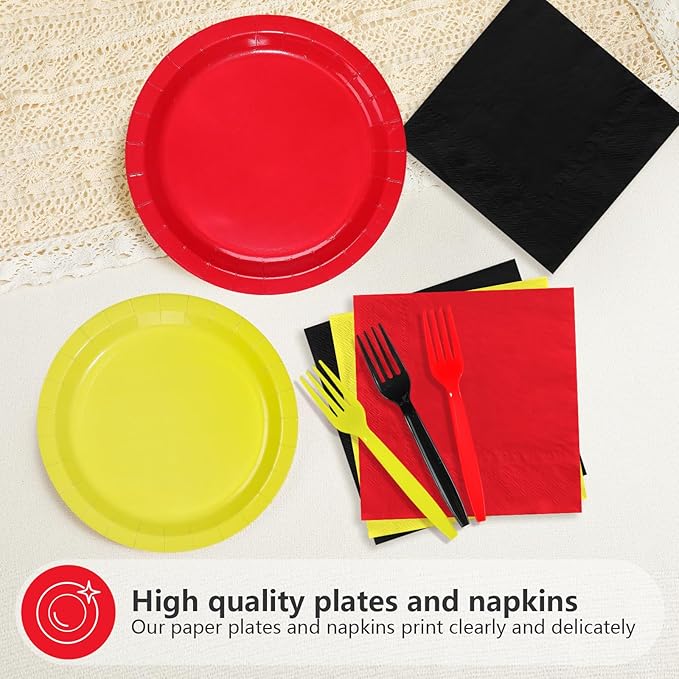 96Pcs Mouse Color Birthday Party Decorations Red Black Yellow Dessert Paper Plates and Napkins Set Cartoon Themed Mouse Decor for Kids Boys Girls 1st Birthday Baby Shower Party Supplies Serves 24