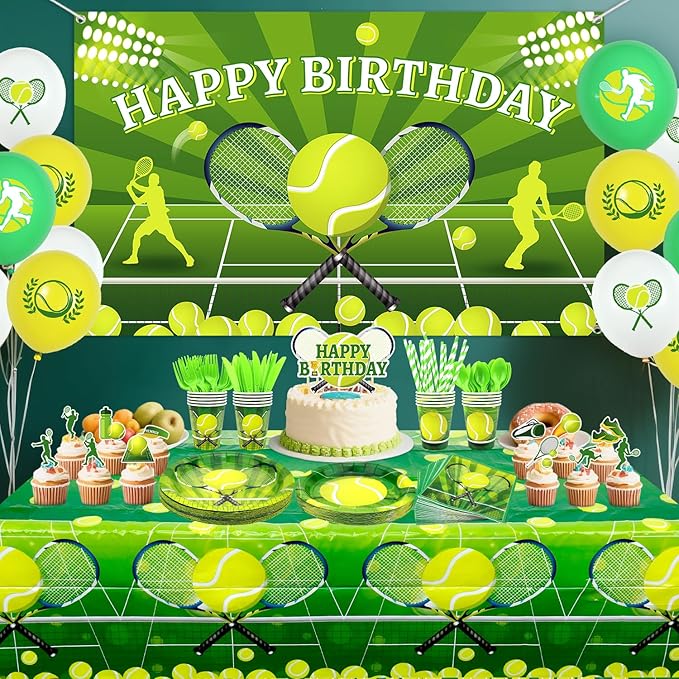 Tennis Birthday Party Decorations - Tennis Party Supplies including Backdrop, Plate, Cake Topper, Cup, Napkin, Balloon, Tablecloth - Serves 20