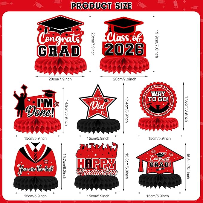 8 Pieces Class of 2026 Graduation Table Decorations - 2026 Congrats Grad Honeycomb Centerpieces, Red Black Graduation Table Toppers Decor for 2026 Graduation Party Decorations Favor Supplies