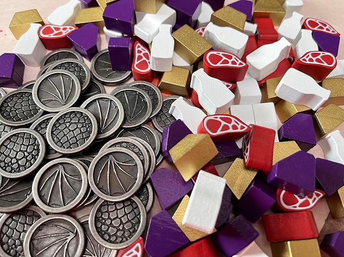 Stonemaier Games: Wyrmspan Resource and Coin Upgrade Pack | Metal Coins and Wooden Resources | 45 Double-Sided Metal Dragon Coins and 104 Wooden Resources (Meat, Gold, Gem, and Milk) - Add to Wyrmspan