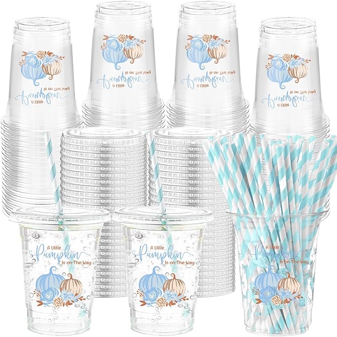 Yungyan 50 Pcs 16 oz Blue Little Pumpkin Baby Shower Plastic Cups with Lids and Straws a Sweet Little Pumpkin Is on the Way Cups Disposable for Fall Thanksgiving Baby Shower Party Decoration Supplies