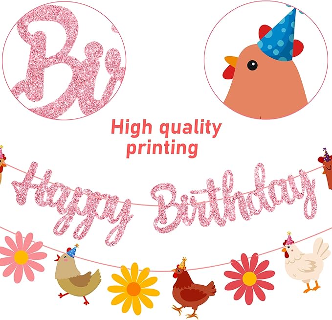 Chicken Themed Birthday Party Supplies Daisy Chicken Happy Birthday Banner Pink Glitter Floral Little Chick Party Decoration Hen Themed Cutout Banners for Girls Farm Animal Bday Baby Shower Supplies