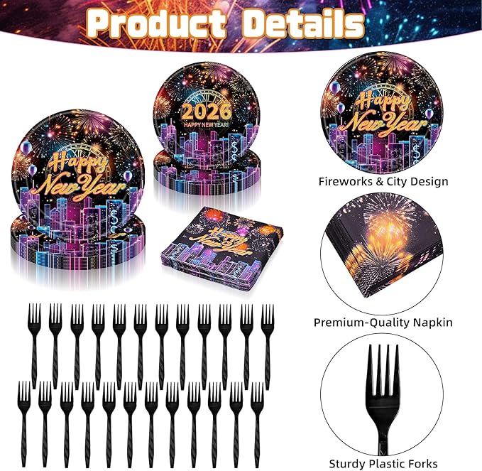 96 Pieces Happy New Year 2026 Tableware Set – Fireworks and City Night Skyline Disposable Plates, Napkins, and Forks for New Year’s Eve Parties, Countdown Celebrations – Serves 24 Guests