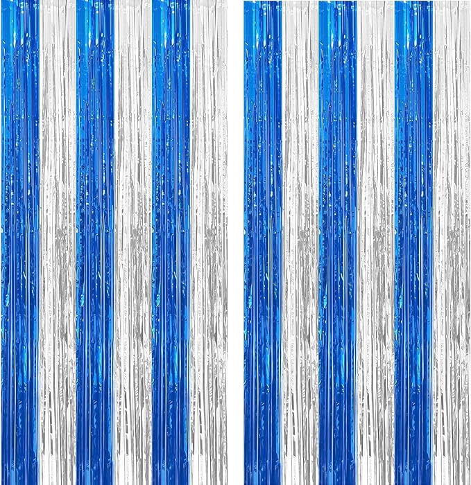 4 Pack Blue and Silver Foil Fringe Curtains Photo Booth Prop Tinsel Streamer Backdrops, Birthday Party Supplies Xmas Holiday Graduation Party Decorations Decor, 3.3x6.6 ft