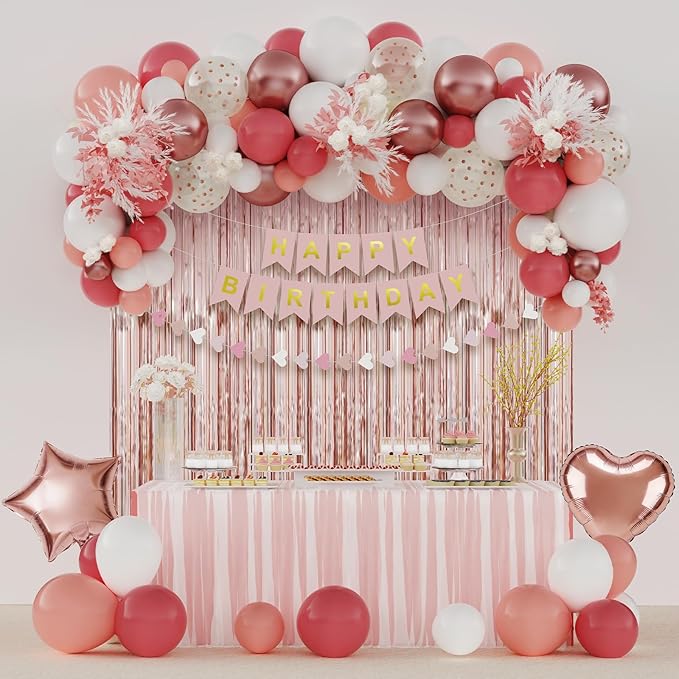 Dusty Pink Birthday Decorations for Women, Happy Birthday Party Decorations, Happy Birthday Banner, Retro Blush Pink White Rose Gold Balloons, Paper Pompoms, Heart Garland, Party Decor for Girls