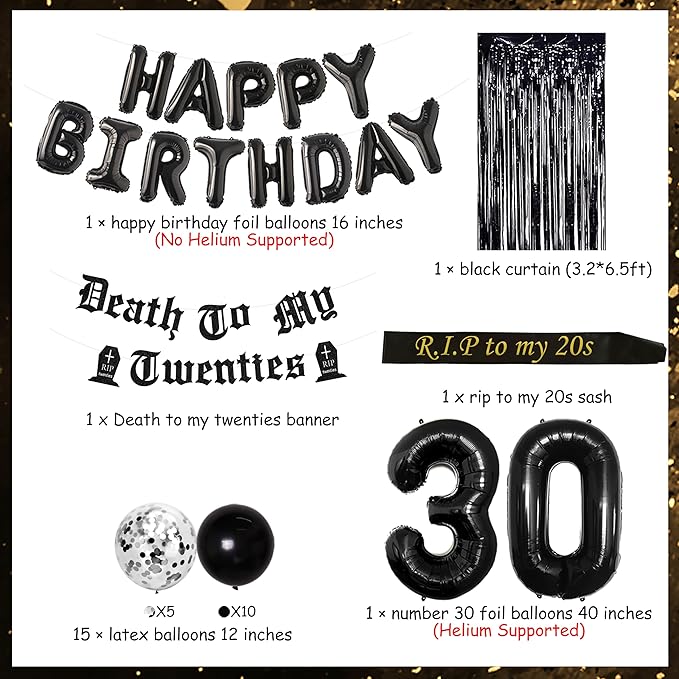 Funmemoir 30th Birthday Decorations for Him Her Black Death to My Twenties Banner Rip to My 20s Sash Number 30 Happy Birthday Balloon Banner Foil Curtain for Funny Thirtieth Party Supplies
