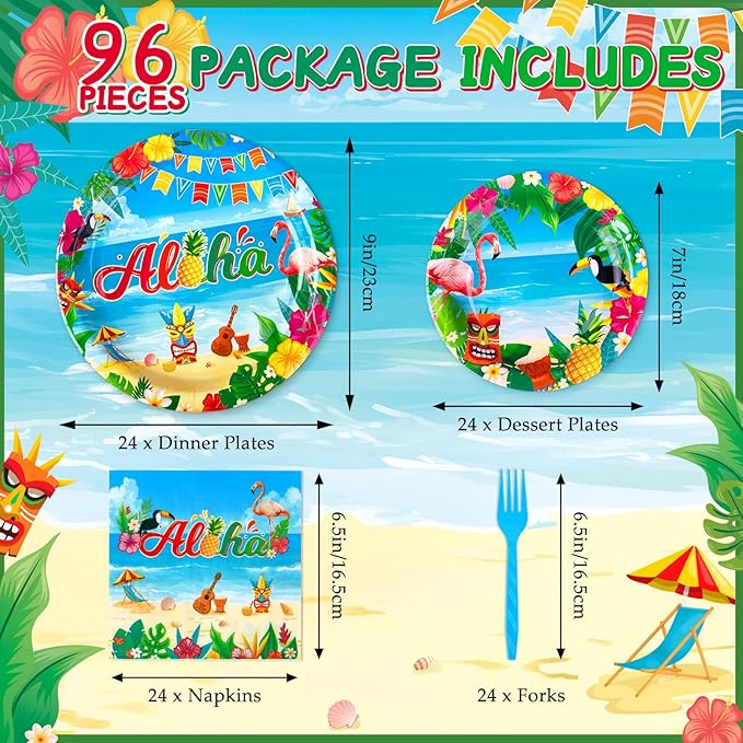 96Pcs Luau Aloha Party Decorations, Hawaiian Birthday Party Supplies Bundle Luau Plates and Napkins, Summer Tropical Birthday Party Decorations Serves 24