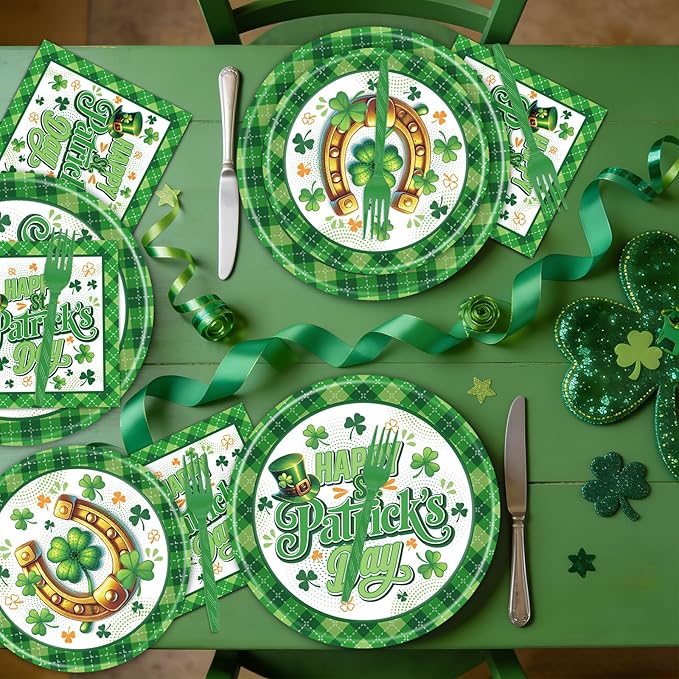 Rakuto St Patricks Day Plates and Napkins Decorations, 96PCS Lucky Green Shamrock Disposable Forks Party Decoration, Happy St Patrick's Day Tableware Decor for Irish Birthday Holiday Serve 24