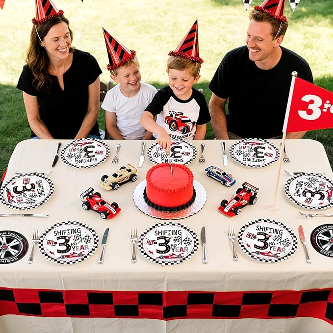 96Pcs Shifting into 3rd Year Birthday Decorations Disposable Race Car Themed 3rd Party Plates and Napkins Checkered Flag Tableware Set for Boys Racing Car 3 Years Old Birthday Party Supplies Serves 24
