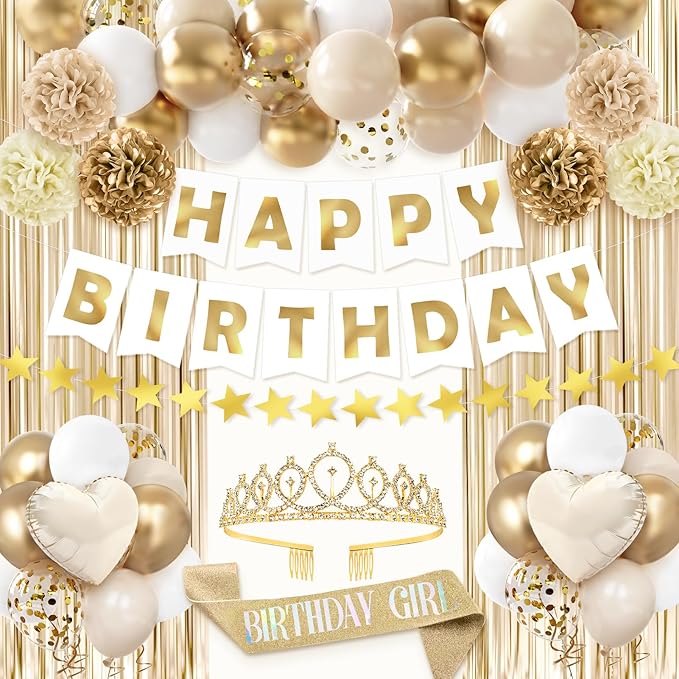 Golden Birthday Party Decorations for Women Girls , 46Pcs Gold Birthday Decorations Include Birthday Girl Sash Crown Fringe Curtain Balloons for Women Girls Party Supplies