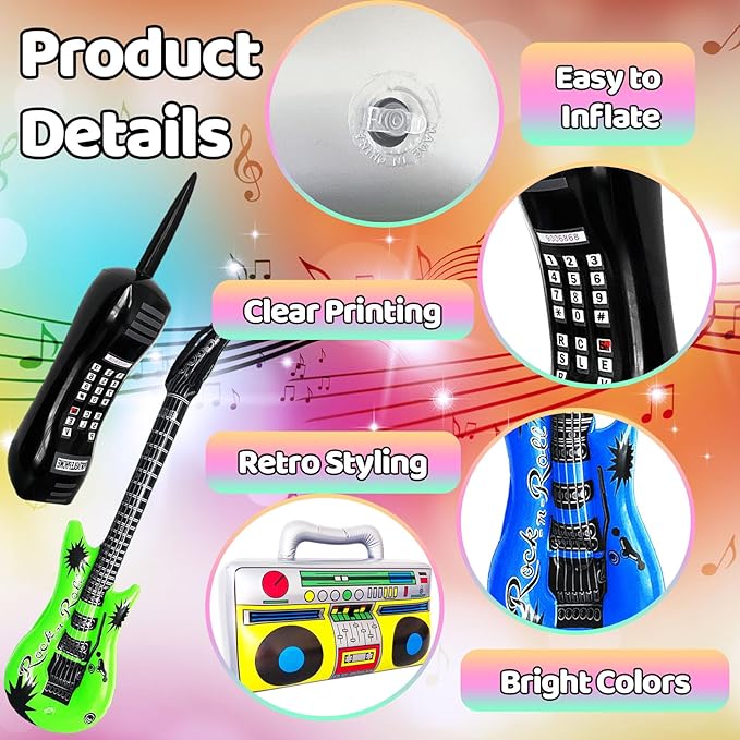 8 Pcs Inflatable Radio Boombox Retro Inflatable Mobile Phone Rock Inflatable Guitar Toy Set,Blow up Props for 80s 90s Party Decorations,Hip Hop Theme Birthday Party Supplies
