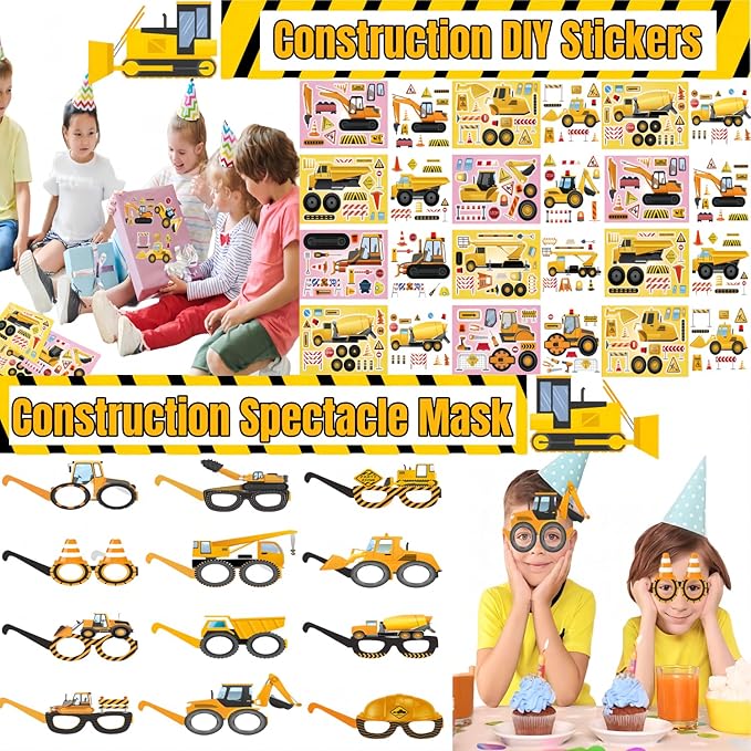 208PCS Construction Birthday Party Favors,construction birthday party supplies,excavator birthday decorations-Available for 12 People.