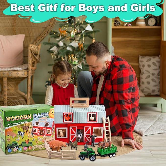 Wooden Barn Toys, Play Barn with 12 Animal Play Figures for 3+ Years Old, Toy Barn and Farm Animals，Wooden Barn Playset for Christmas Birthday Gift for Boys Girls
