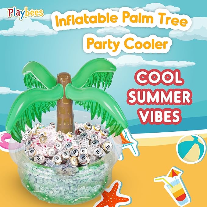 Playbees Inflatable Palm Tree Cooler 28" - Blow Up Palm Tree Party Cooler, Luau Hawaiian Tropical Beach Theme, Summer Swimming Pool Party Decorations - Outdoor Party Supplies - Kids Adults Birthday