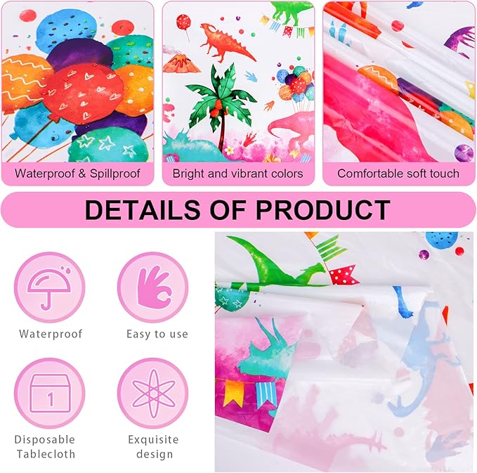 PHOGARY Pink Dinosaur Tablecloth - 3 Pack Plastic Table Cover, Girl's Party Supplies - Dino Theme Rex Decoration - 51" x 87"