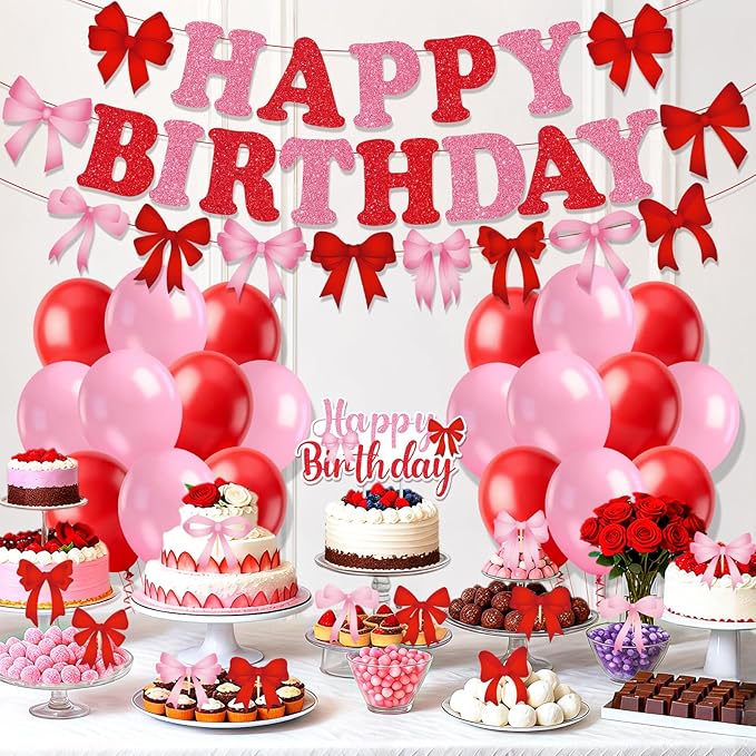 Red Pink Bow Birthday Party Decorations Bow Happy Birthday Banner Pink Red Balloons Cake and Cupcake Toppers for Girls Women Coquette Bday Wedding Bridal Valentine's Day Baby Shower Party Supplies