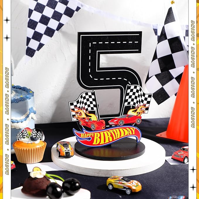 Race Car 5th Birthday Number Sign Centerpiece Race Car Theme 5th Birthday Party Supplies Wooden Table Decoration Photo Props for Boys Five Years Old