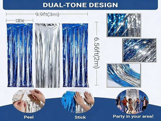 3packs Blue and Silver Foil Fringe Curtains, Blue Birthday Party Decorations Backdrop for Women, Graduation Decorations Tinsel,Retirement Tinsels for Man Him,Wedding Streamers-Each 3.3 x 6.5ft
