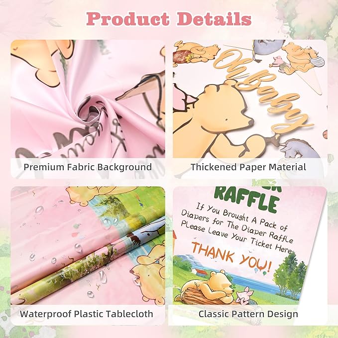 154 PCS Pink Winnie Baby Shower Decorations Kit Vintage Winnie Party Supplies Decorations, All-in-1-Balloon Garland Arch Backdrop, Tablecloth, Cake Topper, Banner, Box Decorations for Girl Baby Shower
