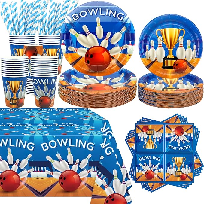 KEFAN Bowling Birthday Party Decorations, Bowling Theme Party Tableware Supplies including Plates, Cups, Napkins, Tablecloth (40)