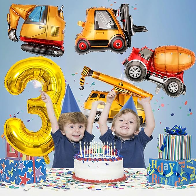 Construction Birthday Party Supplies 3 Year Old, Large Construction Balloons 40Inch Gold Number 3 Balloon Construction Truck Foil Balloons for Boys 3rd Construction Birthday Party Decorations