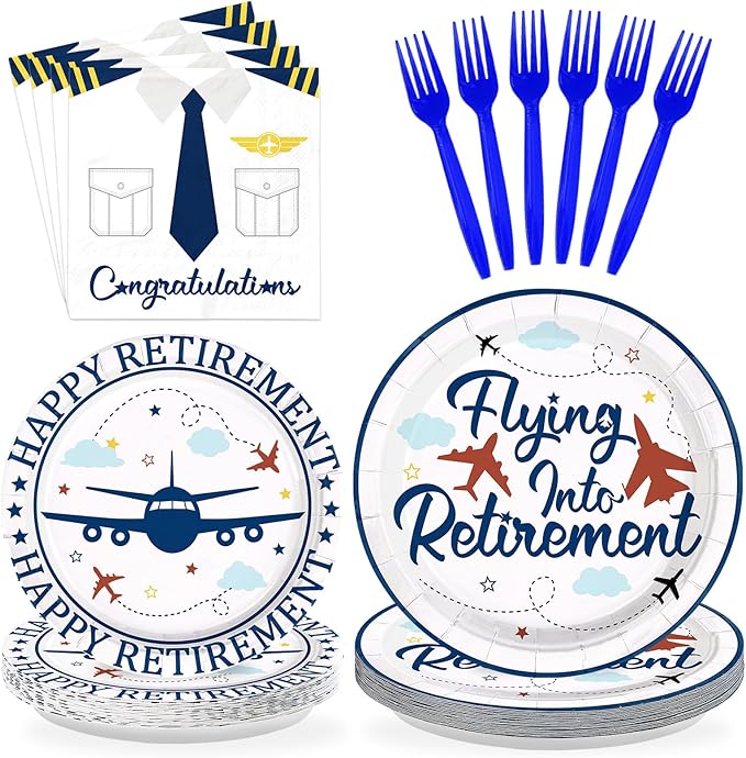 96Pcs Flying into Retirement Party Decorations Pilot Happy Retirement Plates and Napkins Sets Blue Airplane Retired Pilot Decoration for Men Airplane Congratulations Retired Party Supplies Serves 24