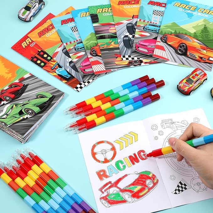 BenLouis 24 Pcs Race Car Mini Coloring Books Kids Racing Theme Party Favors Small Activity Books Bulk for Kids Fast Racecar Wheel Birthday Goodie Bags Stuffers Return Gifts Classroom Travel