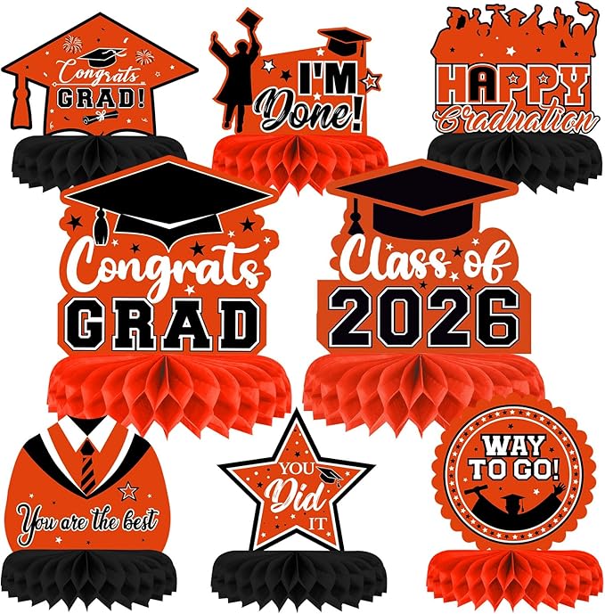 8 Pieces Class of 2026 Graduation Table Decorations - 2026 Congrats Grad Honeycomb Centerpieces, Graduation Table Toppers Decor for 2026 Graduation Party Decorations Favor Supplies, Orange