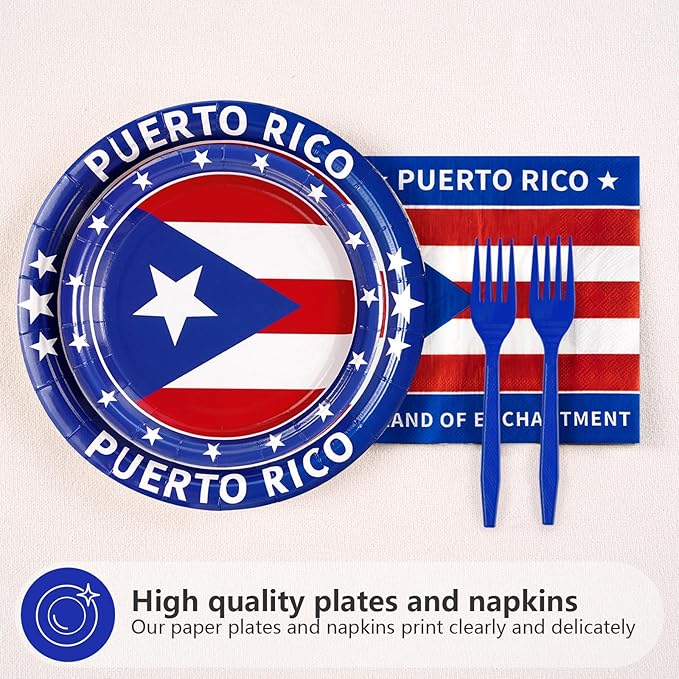 96Pcs Puerto Rico Flag Party Supplies Puerto Rico Flag Plates Disposable Red White Blue Paper Tableware Set for Rican Fiesta Birthday Party National Day Cultural Celebrations, Serves 24