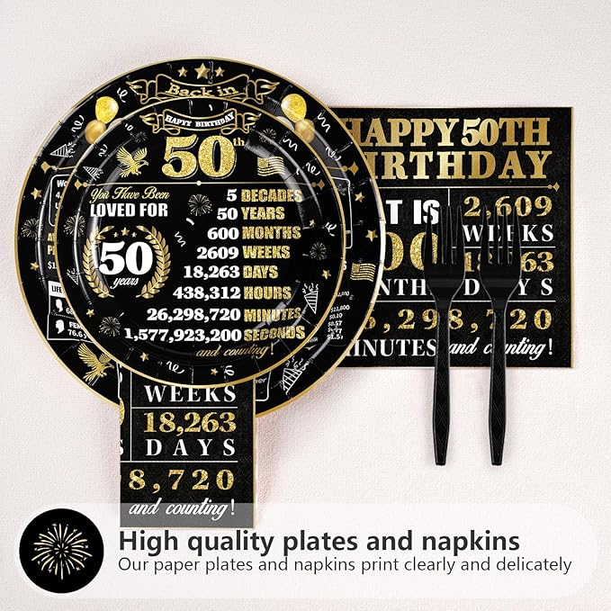 Grencian 96 Pcs 50th Birthday Plates and Napkins Tableware Set Disposable Black and Gold Back in 1975 50th Birthday Decorations for Men Vintage 50 Years Anniversary 1975 birthday Decorations Serves 24