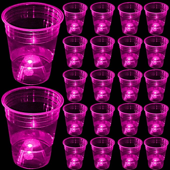 Glow in The Dark Pink Party Cups 40 Pack (16 oz) - LED Light Up Plastic Cups for Princess Parties Baby Showers Bridal Decorations, Reusable Rose Gold Glow Cups for Weddings, Tea Parties & Girls Night