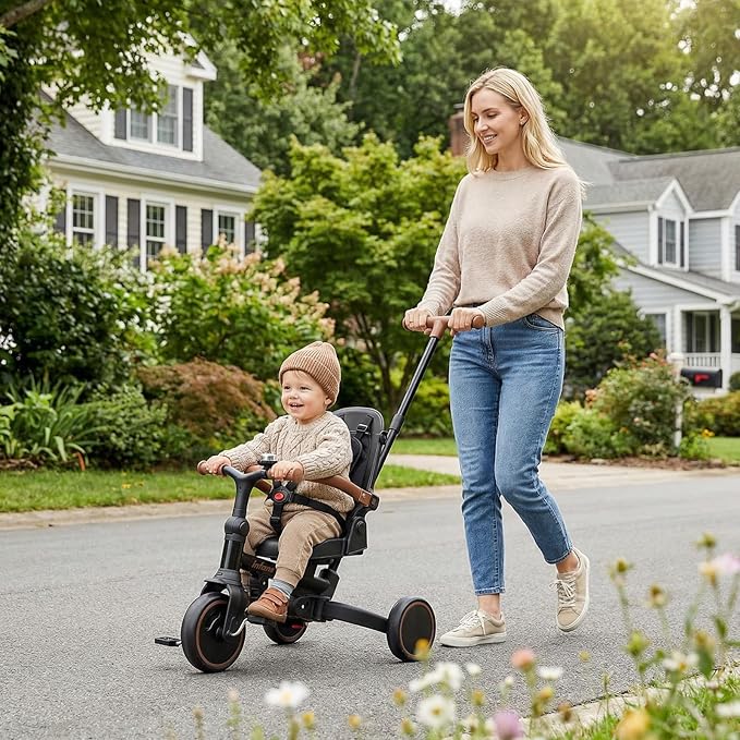 INFANS 9-in-1 Foldable Toddlers Tricycle, Converts Stroller to Balance Bike with Adjustable Push Handle, Canopy & Backrest, Pedal Conversion, Retractable Rear Wheels for 1-6 Years (Black)