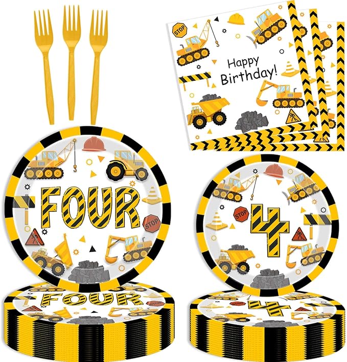 Construction 4th Birthday Party Plates Dump Truck Four Years Old Disposable Paper Dinner Plates Dinnerware for Construction Theme Fourth Birthday Party Supplies Decorations