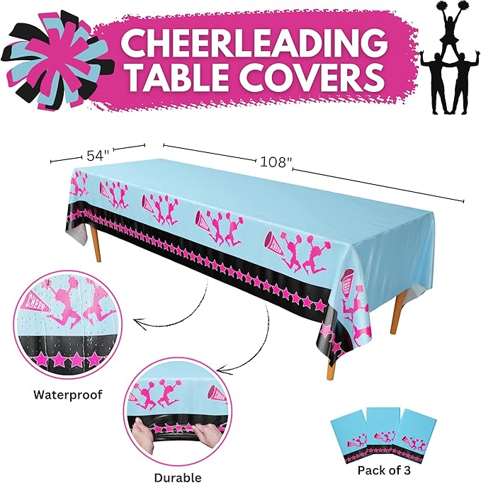 Blue Orchards Cheerleading Table Covers (Pack of 3) - 54"x108" XL - Cheerleader Birthday, Gymnastics Birthday Supplies, Cheer Decor for Party, Cheerleading Party Decor, Cheer Victory